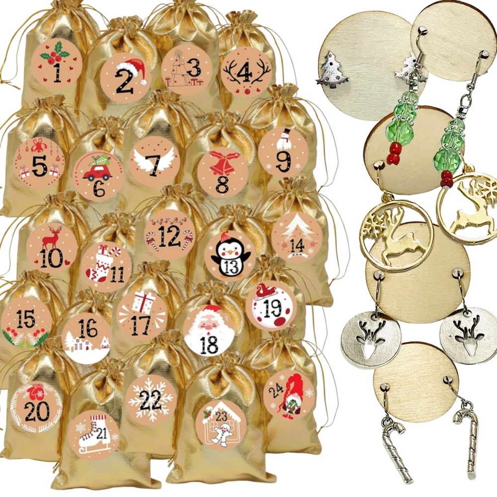 Christmas Earrings Advent Calendar 24 Gold Bags Filled with Earrings